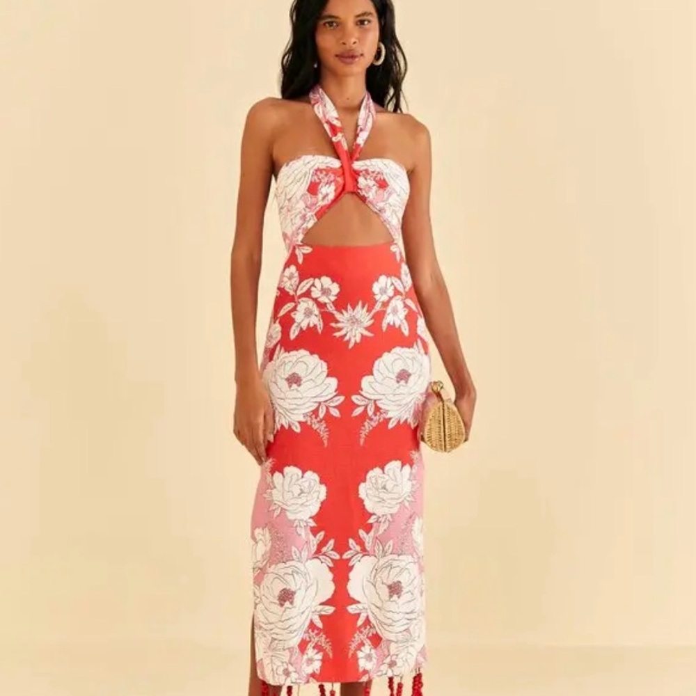 FARM Rio Red and White Floral Maxi Dress